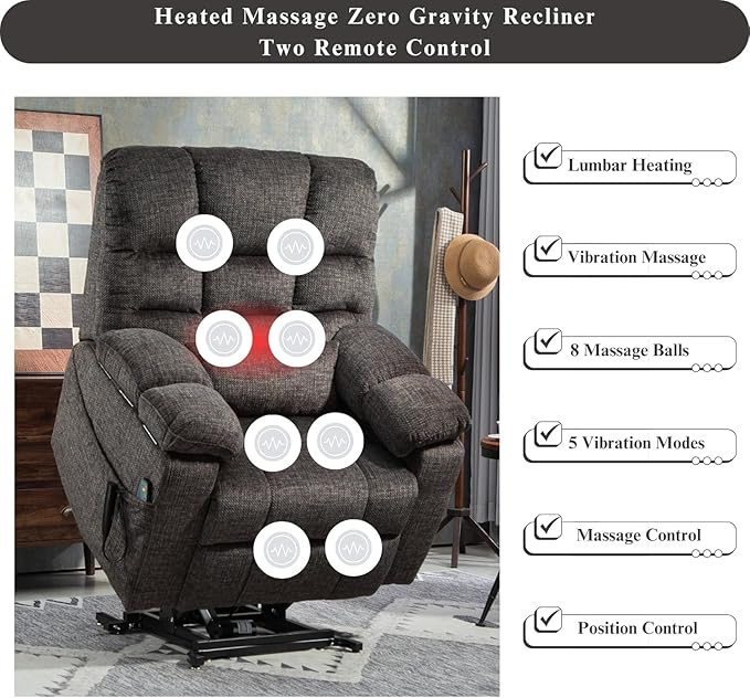 3-Motor Lift Chair with Adjustable Seat Height Zero Gravity Lay Flat Recliner with Heat Massage - Flip Arm Storage Cup Holders - Power Lift Recliner for Elderly – Big Tall 400 lbs (Dark Charcoal Grey)