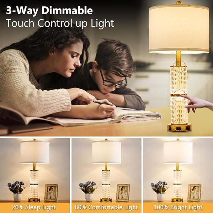 Crystal Table Lamp Set of 2, Modern Touch Lamp with Nightlight, 3-Way Dimmable Bedroom Lamp with 2 USB Ports & AC Outlets for Living Room Bedside Nightstand Lamp