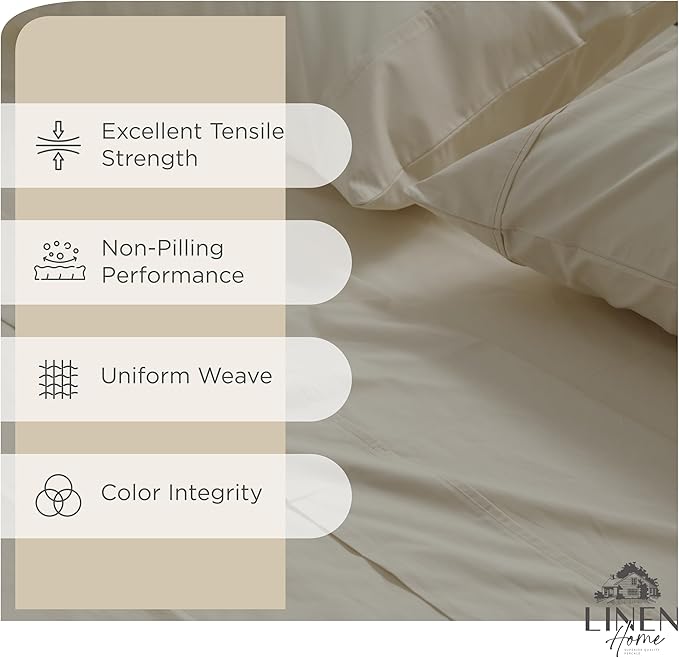 Linen Home 100% Cotton Percale Sheets Queen Size, Light Taupe, Deep Pocket, 4 Pieces Set - 1 Flat, 1 Deep Pocket Fitted Sheet and 2 Pillowcases, Crisp Cool and Strong Bed Linen