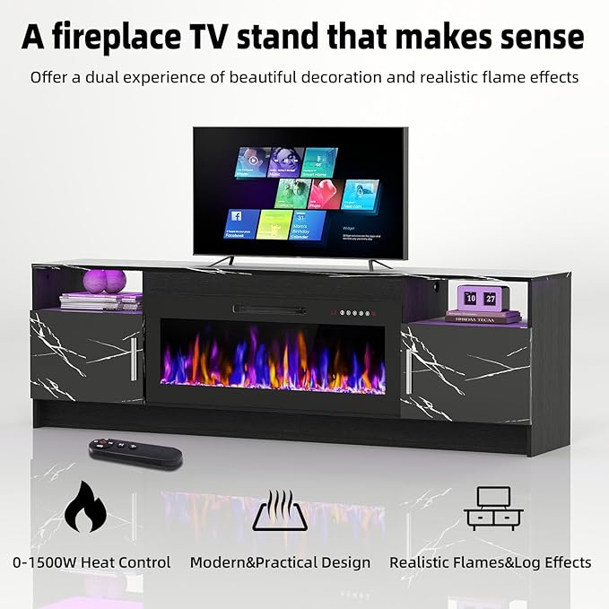 Ludatido 70 Inch TV Stand with 36 inch Electric Fireplace 27 LED Light Entertainment Center for TVs Up to 80" Black Modern Wood Media TV Console with Highlight Cabinet for Living Room Black Marbling