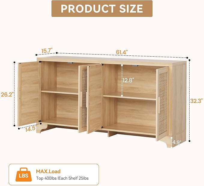 GAOMON TV Stand for TVs Up to 70'', Natural Rattan Entertainment Center with Storage Cabinets, Boho Media Console Table for Living Room, Farmhouse Cabinet