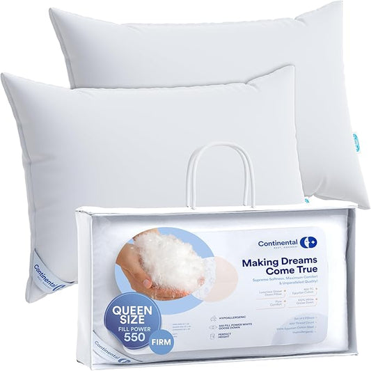 Firm Goose Down Pillow Set of 2 Queen Size 31 Ounce 30x20 Inch RDS Certified Fine Cotton Shell - Made in USA - Firm White Down Pillow