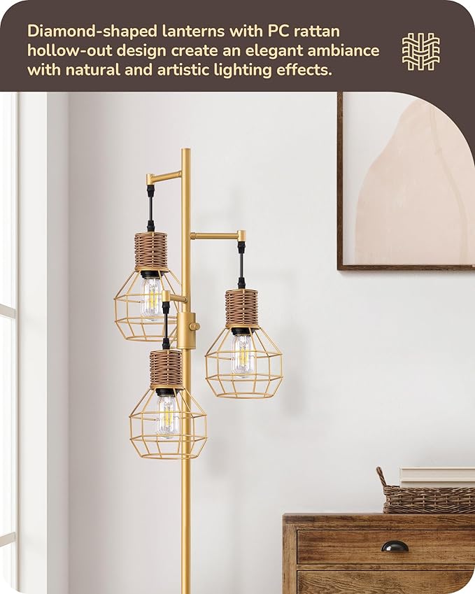EDISHINE Dimmable Farmhouse Floor Lamp for Living Room, Industrial Standing Lamp with 3 LED Edison Bulbs, Corner Rustic Rattan Tall Tree Reading Lamps Home Decor for Bedroom, Office, Gold