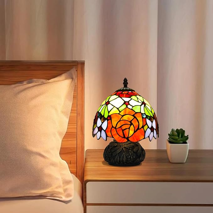 Small Tiffany Stained Glass Lamp, 3 Color Temperatures Bedside Lamp, 8 Inch Mushroom Desk Light for Bedroom Living Room Office Home Decor (Two-Color Rose)