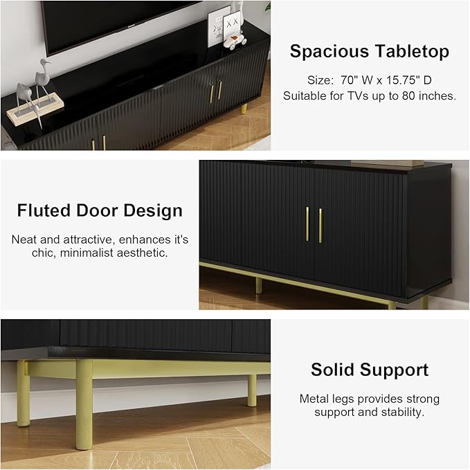 MUUEGM Modern TV Stand for Televisions up to 80 Inch, Entertainment Center with Storage, Cabinet with Fluted Door and Adjustable Shelf, Console Table and Media Furniture for Living Room, Black