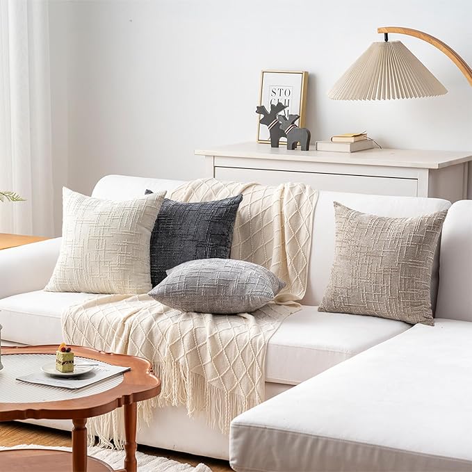 Decorative Throw Pillow Covers 20x20 Inch Set of 4, Soft Solid Farmhouse Chenille Couch Pillows, Spring Pillow Covers for Couch Sofa Bed Living Room Home Decor Pillowcase, Light Colors