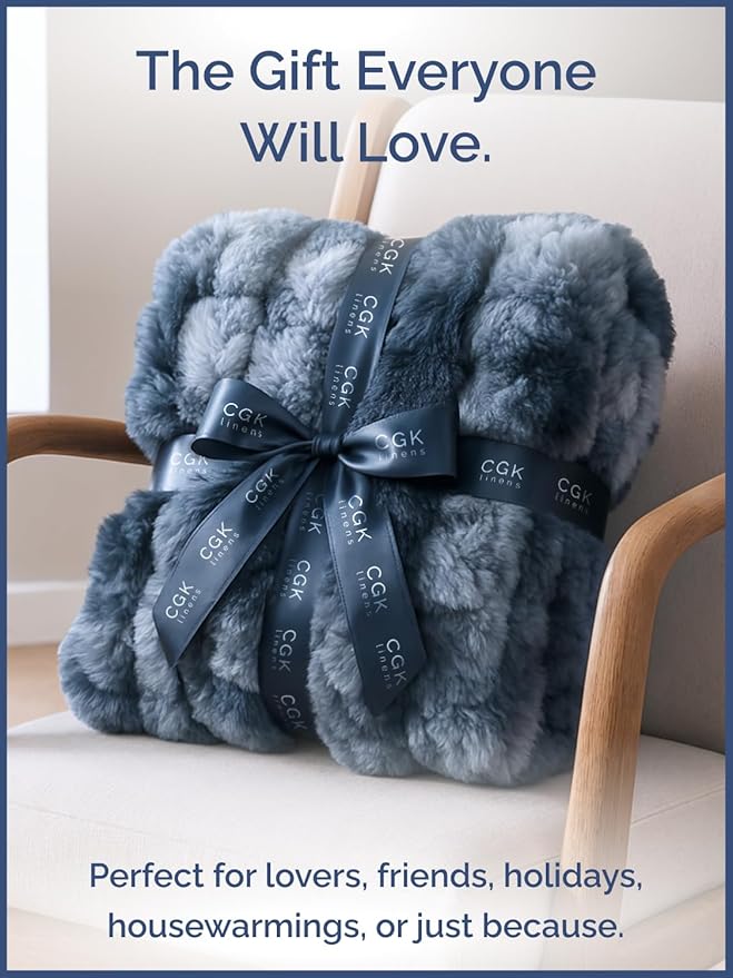 Fluffy Throw Blanket Twin Size - Faux Fur Throw for Couch or Bed - Plush Soft Extra Thick Faux Fur Rabbit Blanket - Comfy, Warm and Breathable - Luxury Minky Tie Dye Bedding - 60" x 80", Marble Blue