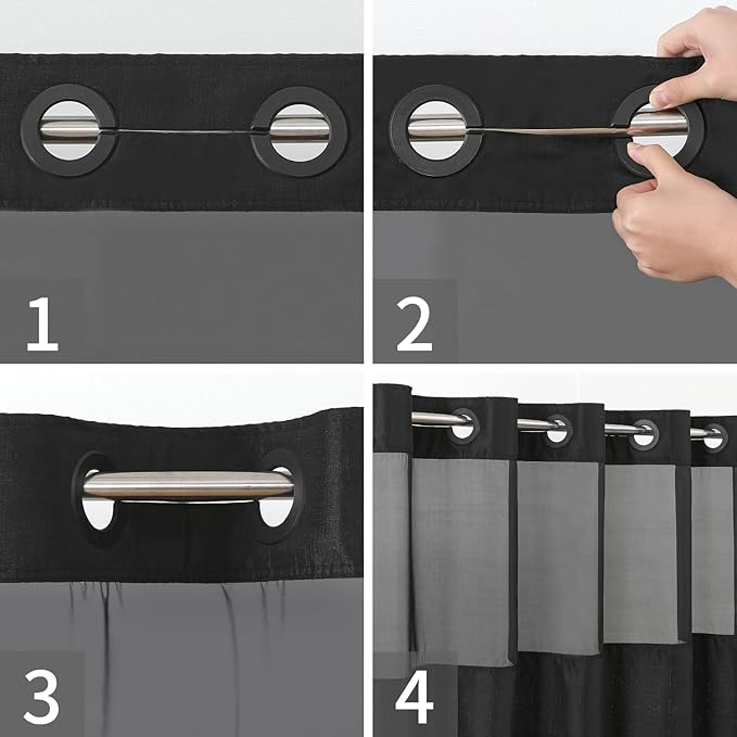 No Hooks Needed Linen Textured Shower Curtain with Snap-in Fabric Liner Set,Black Hotel Luxury Decor Shower Curtains for Bathroom with Mesh Top Window,Waterproof & Washable,71Wx74H