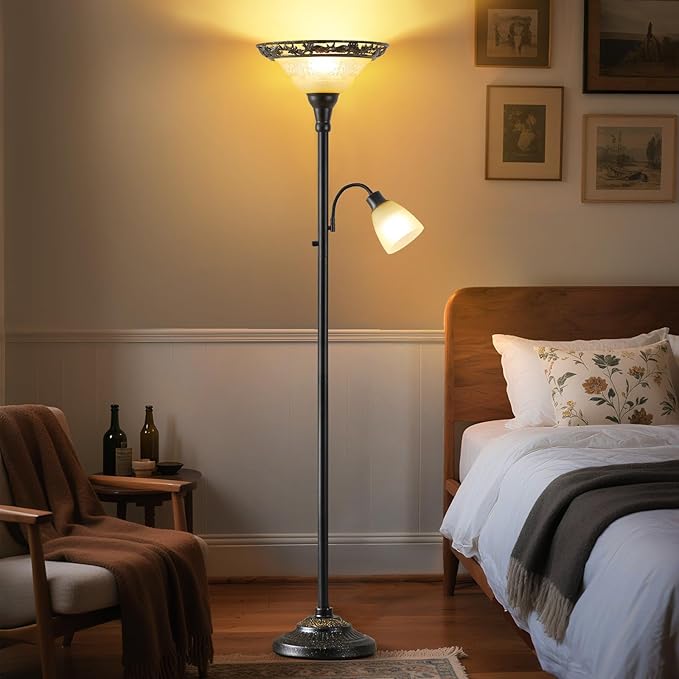 Luvkczc Torchiere Floor Lamps for Living Room, 70" Lamps for Living Room with Etched Glass Shade, Metal Pole & Heavy Base, Vintage Standing lamp Decor for Bedroom, Living Room, Office