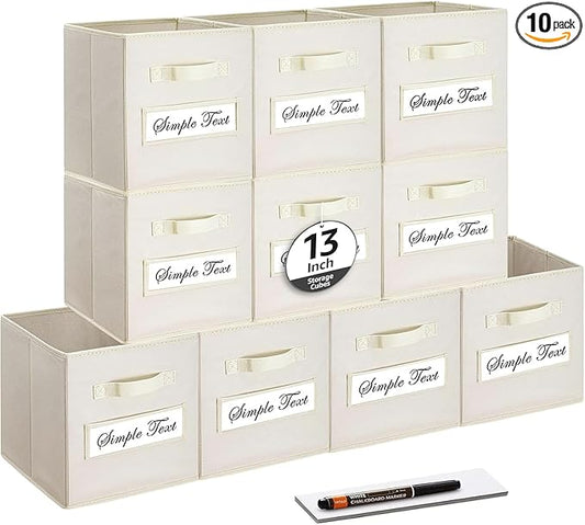 artsdi 13x13x13 storage cube bins (Set of 10) Fabric storage cubes with 10 Labels Window Cards & a Pen, storage cubes 13x13, Collapsible 13 inch cube storage bins, Cubby Organizer Boxes, Beige