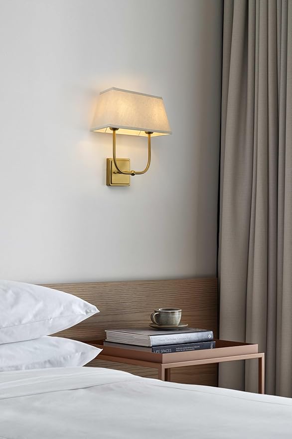 Vintage 2-Lights Wall Sconces with Linen Fabric Lampshade, Double Head Bathroom Vanity Lights Fixture in Antique Brass, Indoor Wall Lamps for Bedroom Living Room Hallway Stairway