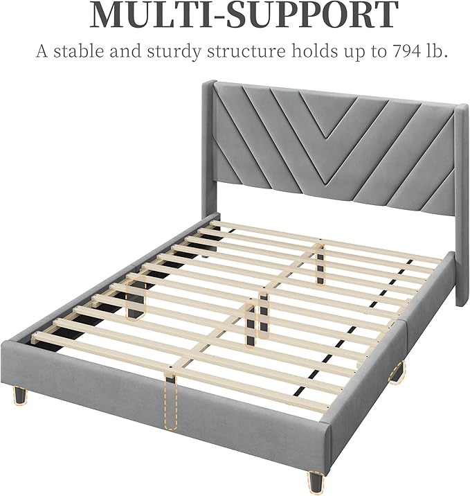 Yaheetech Queen Bed Frame Upholstered Platform Bed with Wing Side/Wooden Slat Support/Tufted Headboard with Wing Side/Mattress Foundation/No Box Spring Needed,Light Gray Queen Bed