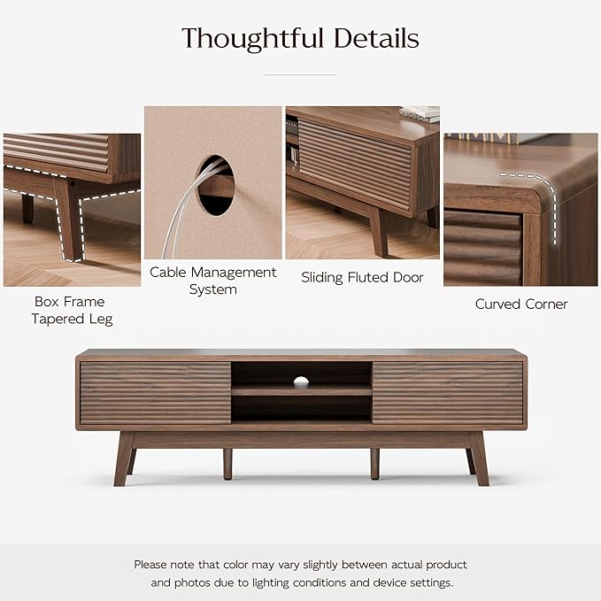TV Console, Mid Century Modern Media Console for 55/60/65 Inch TV, Low Profile TV Stand with Fluted Sliding Doors, Boho Light Wood Credenza for Living Room (Walnut, 59")