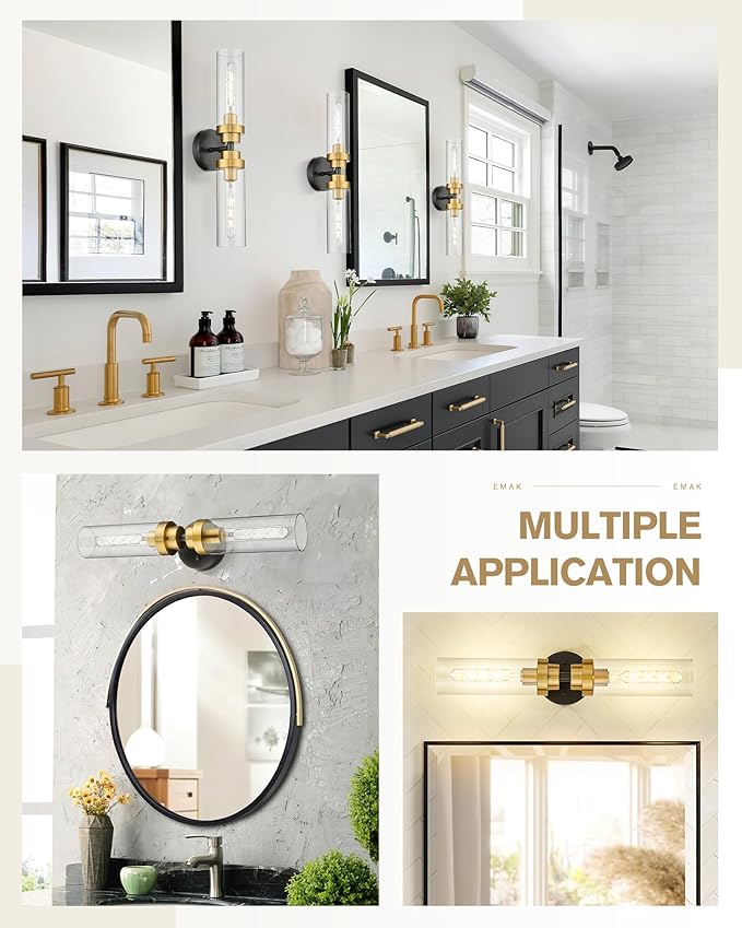 Emak Black and Gold Vanity Lights for Mirror, Modern 22 Inch Bathroom Light Fixtures with Clear Glass Shade, 2-Light Cylinder Wall Sconce for Bathroom, Bedroom, Hallway, VL085-BKBGD-2
