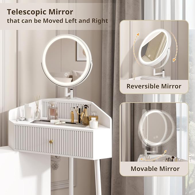 ARTETHYS Corner Vanity Desk with Retractable and Rotating Mirror and Lights Small Modern White Makeup Vanity Set with Glass Top for Women Compact Girls Dressing Table with Drawer for Small Space