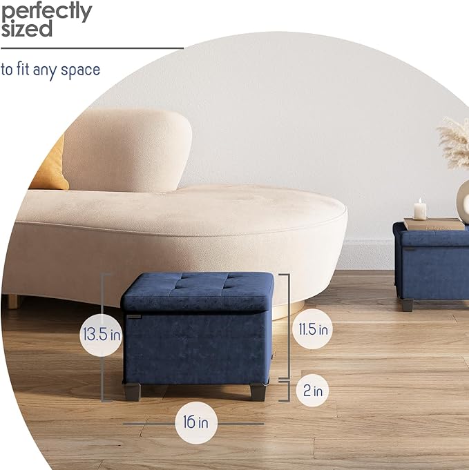 STORAGEBUD Storage Ottoman Cube with Small Bin, 16-in Square Ottoman with Storage for Living Room and Bedroom, Small Ottomans Foot Rest, Velvet Foot Stools Ottomans Max 330lbs, Blue