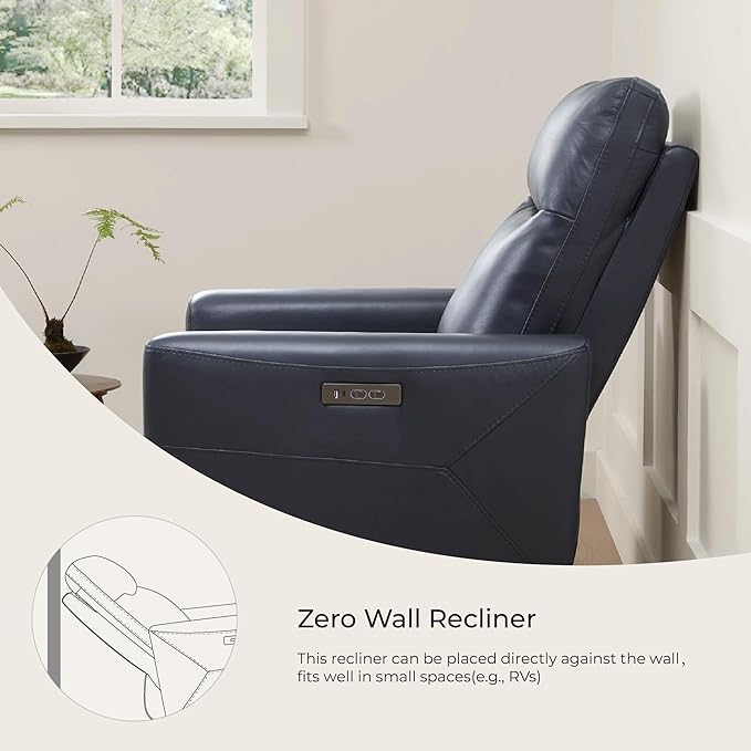 CHITA Genuine Leather Power Recliner Chair for Adults, Electric Wall Hugger Recliner for Small Spaces, Modern Living Room and RV Recliner Chair with Power Headrest & Charging Ports, Dark Blue