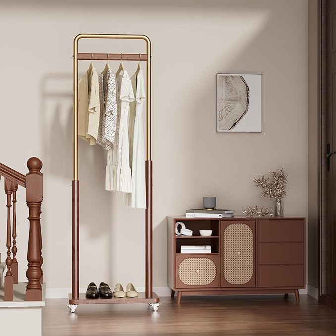 Clothes Rack Solid Wood Coat Rack, Metal and Solid Wood Combination Clothing Rack with Wheels for Entryway, Bedroom, Living Room, Coat Racks Freestanding for Hanging Clothes Garment Scarf