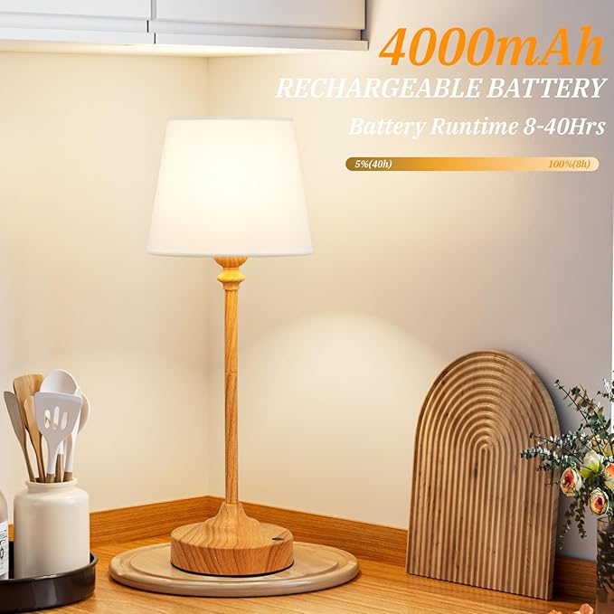 Kakanuo Cordless Table Lamps Rechargeable Set - 2 Pack Wooden 4000mAH Battery Operated Lamps for Decor, 3000K Stepless Dimming Touch Control Wireless Lamps for Bedroom, Dining Table