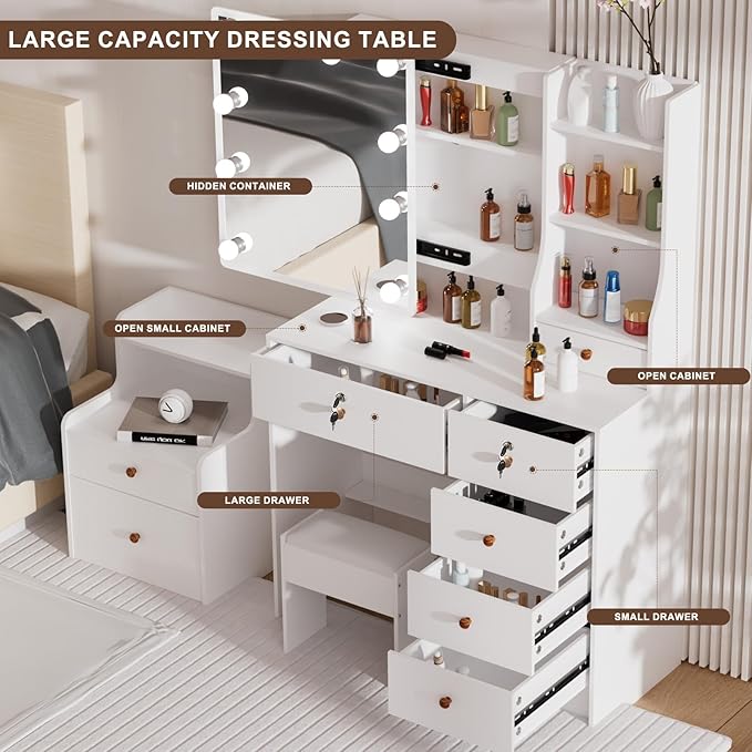 Vanity Mirror with Lights Desk and Chair, 5 Drawers and Cabinet, Makeup Table with Large HD Mirror Makeup Desk, 3 Lighting Modes, White Makeup Table with Stool