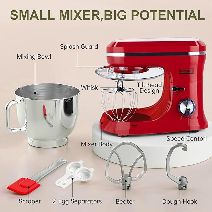 Household Stand Mixer with 6.5 Quart Bowl, Electric Food Mixer 10+p Speeds 660W, Kitchen Tilt-Head Bread Dough and Cake Mixers with Dough Hook, Whisk, Beater, Splash Guard and Egg Separator (Red)