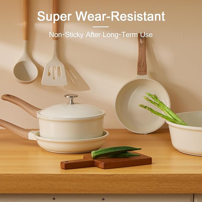 21Pcs Pots and Pans Set with Aluminum Lid, Nonstick Ti-Ceramic Cookware Sets, Induction Cookware Non Stick Cooking Set w/Frying Pans & Saucepans(PFOS, PFOA Free)-White