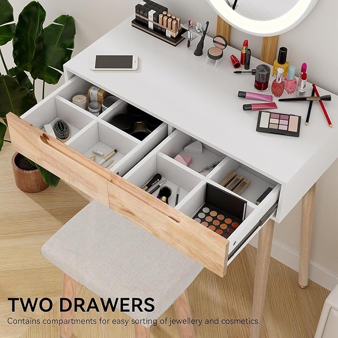 YOURLITE Makeup Vanity Desk with Lights, Small Vanity with Adjustable Brightness Mirror for Small Spaces, Dressing Table with Drawers 27.5", Oval Mirror Wood