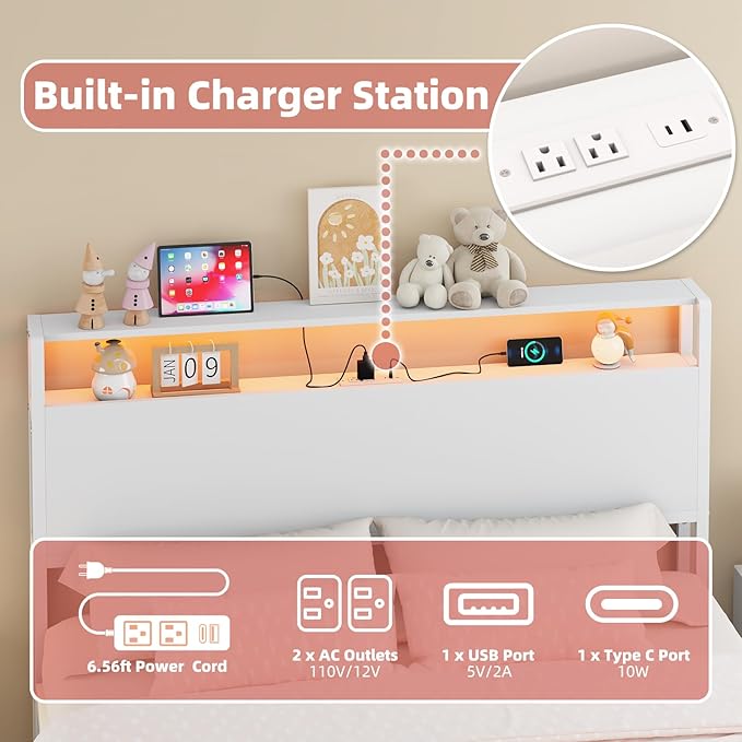 Full Sized Headboard with 2 Tiers Storage Shelves, Sturdy and Stable Headboard with Charging Station, USB Ports and LED Light for Full Bed Frame, White