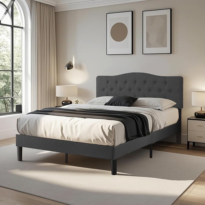 VECELO Queen Size Platform Bed Frame with Fabric Upholstered Headboard and Wooden Slats Support, No Box Spring Needed/Easy Assembly,Grey