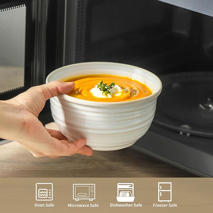 Hasense Cereal Bowls, 20 Ounce Soup Bowls Set of 6, Ceramic Deep Bowl for Kitchen, Perfect for salad Pasta Dessert Oatmeal, Dishwasher and Microwave Safe, Clay-Infused White