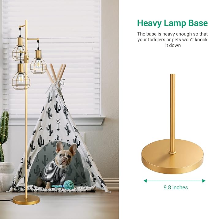 EDISHINE Industrial Dimmable Floor Lamp Gold, Farmhouse Standing Lamp for Living Room with 3 LED Edison Bulbs, Modern Tall Standing Corner Lamp with Metal Diamond Cage for Bedroom, Office