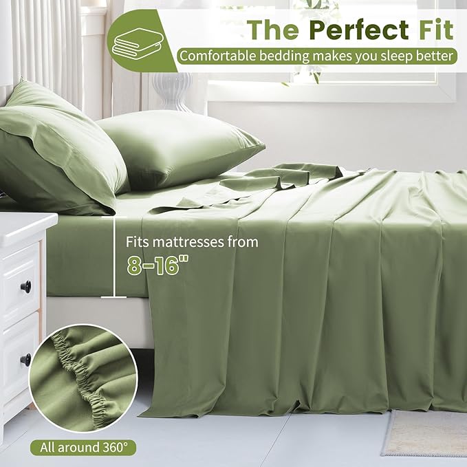 Bedlifes 1000 Thread Count 100% Egyptian Cotton Queen Size Sheets Set - Sateen Soft Silky Breathable Luxury Cooling 4 Pieces (Olive Green)