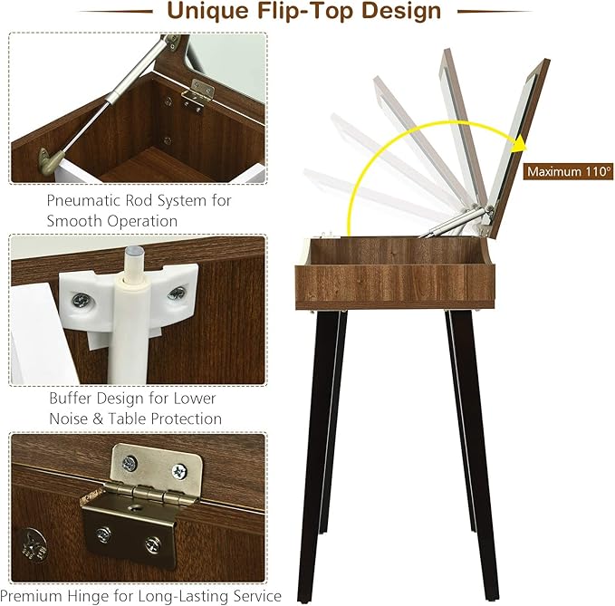 CHARMAID Vanity Desk with Flip Top Mirror, Storage Compartments, Removable Dividers, Bedroom Makeup Dressing Table, Wooden Vanity Set Writing Desk with Stool for Kids Girls Women