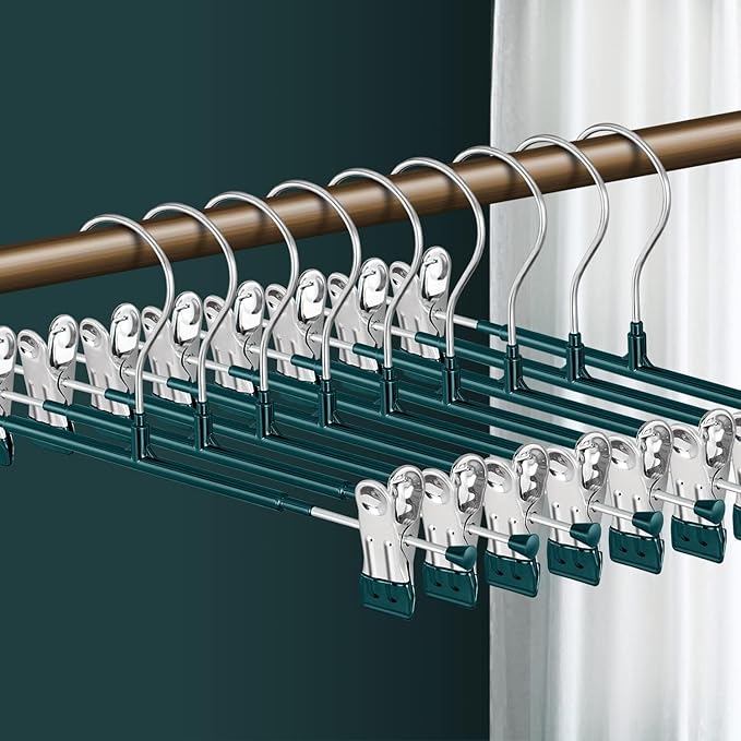 Pants Hangers with Clips 10 Pack Adjustable Skirt Hangers for Women Non-Slip Trousers Hanger for Jeans Shorts Clothes Hanger for Pants Heavy Duty Space Saving,Green,12Inch
