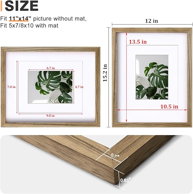Egofine 11x14 Picture Frame with Plexiglass Made of Solid Wood, Display Pictures 5x7/8x10 with Mat or 11x14 Without Mat for Tabletop and Wall Mounting, Carbonized Brown