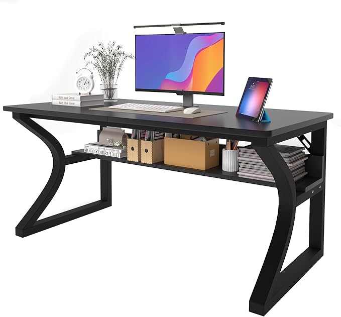 AZN Computer Desk, 55'' Computer Desk, Home Office Desks w/Storage, Home Office Desks w/U-Size Metal Frame for Home Office Bedroom, Study Writing Work Table w/Water-Resistant, Scratchproof Surface