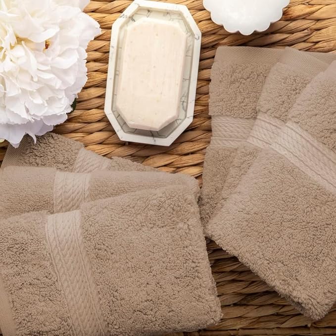 Superior Egyptian Cotton Pile Face Towel/Washcloth Set of 6, Ultra Soft Luxury Towels, Thick Plush Essentials, Absorbent Heavyweight, Guest Bath, Hotel, Spa, Home Bathroom, Shower Basics, Latte