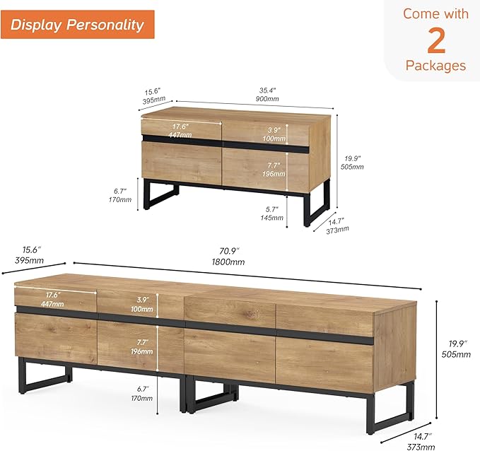 Wampat Modern TV Stand for 75 inch TVs, 2 in 1 Entertainment Center Console with Storage Cabinets, Oak Metal Base for Living Room