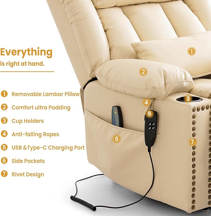 PARKOL Large Genuine Infinite Position Leather Power Lay Flat Lift Studded Recliner Chairs for Elderly, Dual Motor with Massage and Heating,Extended Footrest, USB&Type-C Port Remote,Cup Holder, Beige
