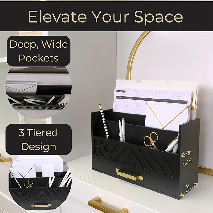 BLU MONACO Black Mail Organizer with Drawer and Gold Handle – Desktop Mail Holder and Office Supplies Storage – Home Office Desk Accessories – Letter Sorter and Paper Organizer