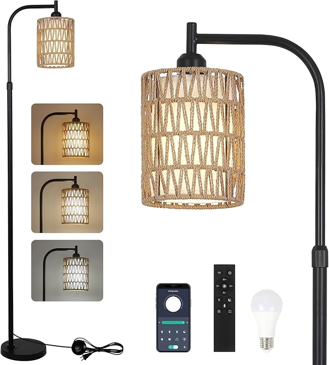 Floor Lamp with Remote, Dimmable Rattan Floor Lamp with LED Bulb, Industrial Black Tall Pole Lamp with Rattan & Fabric Shades, Boho Farmhouse Standing Lamps for Living Room Bedroom Office