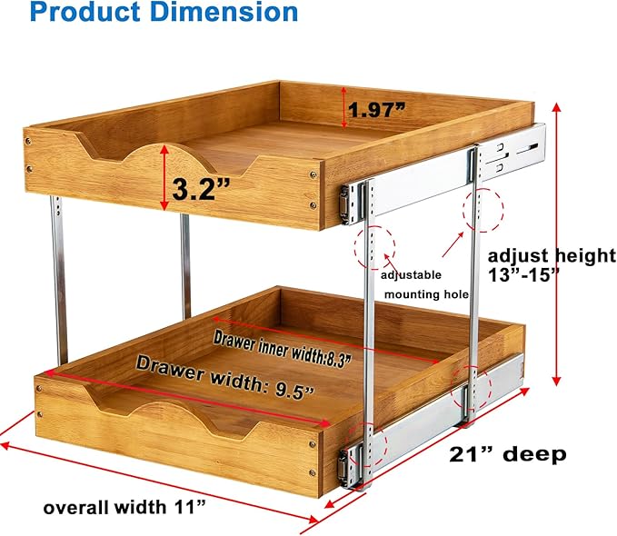 DINDON 2 Tier Pull Out Cabinet Organizer (11" W x 21" D) Double Tier Slide Out Wood Drawer Under Cabinet Storage And Organization