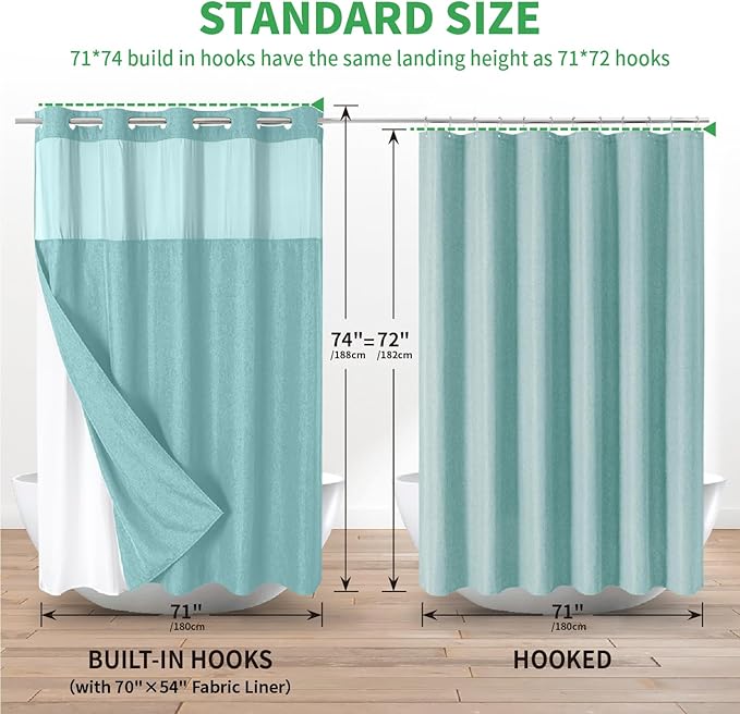No Hooks Needed Linen Textured Shower Curtain with Snap-in Fabric Liner Set,Hotel Luxury Decor Waterproof Shower Curtains for Bathroom with Mesh Top Window,Washable,71Wx74H,Teal