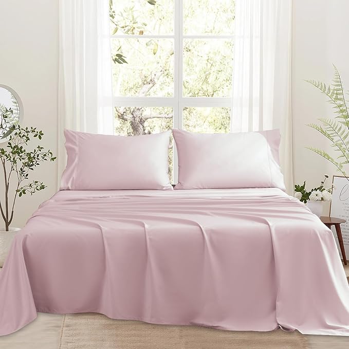Bedlifes 1000 Thread Count 100% Egyptian Cotton King Size Sheets Set - Sateen Soft Silky Breathable Luxury Cooling 4 Pieces (Light Pink)