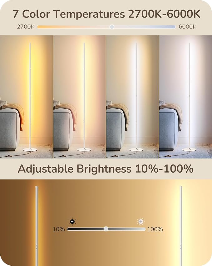 EDISHINE Corner LED Floor Lamp, 57.5" Dimmable Corner Light with Remote, 3 Color Temperature 3000K-4500K-6000K, Minimalist Floor Lamp for Bedroom, Living Room, Office, White