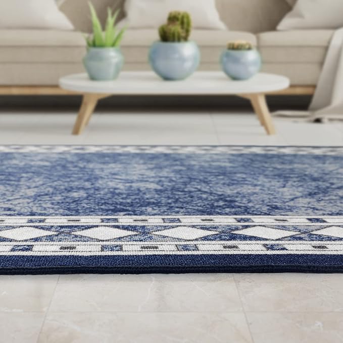 Antep Rugs Alfombras Modern Bordered 5x7 Non-Skid (Non-Slip) Low Profile Pile Rubber Backing Indoor Area Rugs (Navy Blue, 5' x 7' Oval)