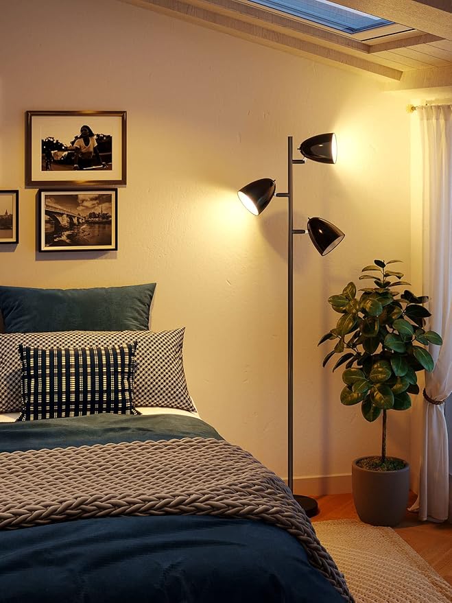 addlon Tree Floor Lamp with 3 Adjustable Rotating Lights and Matching LED Bulbs, Standing Tall Pole Lamps for Living Room, Bedroom, Home, Office - Black