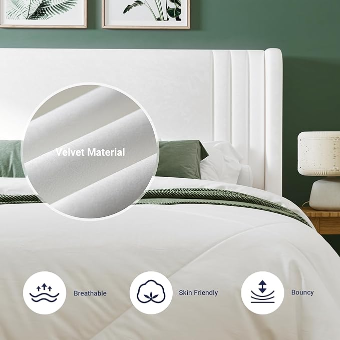 Allewie King Size Velvet Platform Bed Frame with Vertical Tufted Wingback Headboard, Easy Assembly, Under Bed Storage, No Box Spring Required, Modern Style, White
