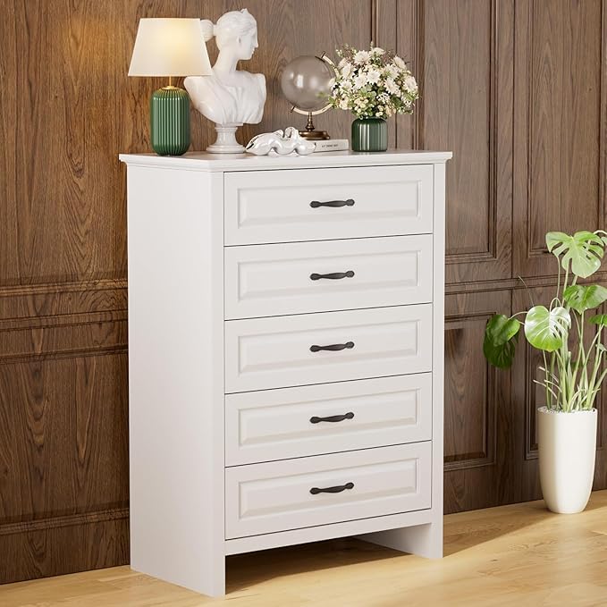 Pipishell White 5 Drawers Dresser Chests for Bedroom, 42.7 Inch Tall Wooden Dresser, Modern Storgae Organizer with Large Drawers & Bar Handles for Bedroom, Entryway, Hallway, White