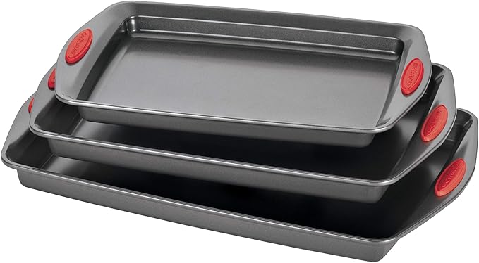 Rachael Ray Bakeware Nonstick Cookie Pan Set, 3-Piece, Gray with Red Grips